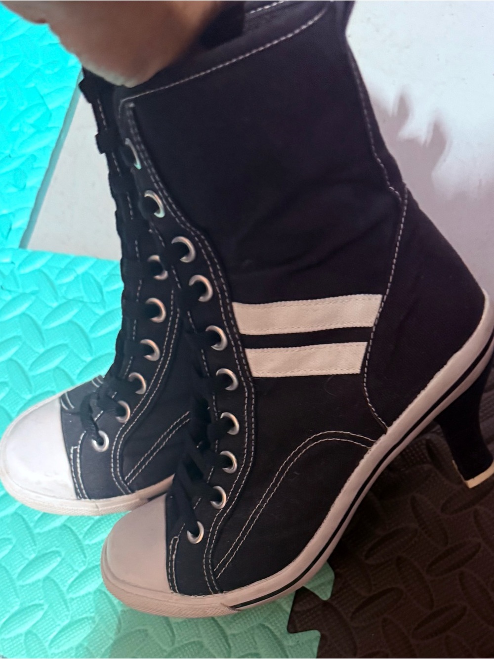 Women’s Black Canvas High-Top Heeled Sneaker Boot with White Stripes